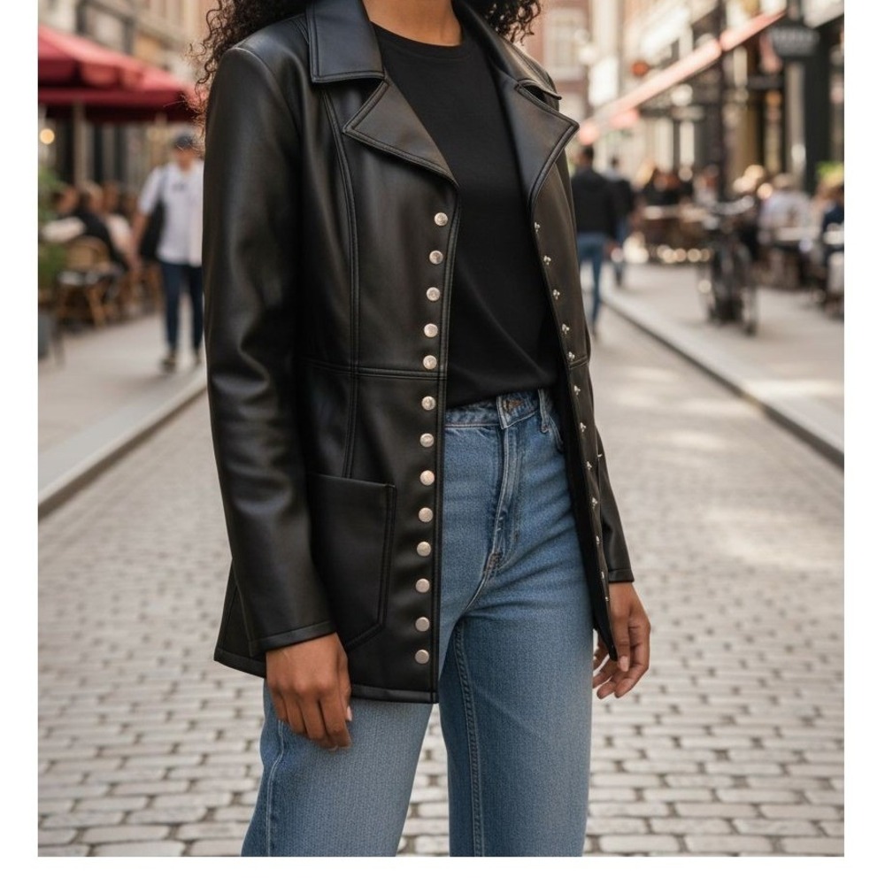 Louise Paris Faux Leather Jacket Sz S Black Mid Snaps Pockets Back Belt Modern